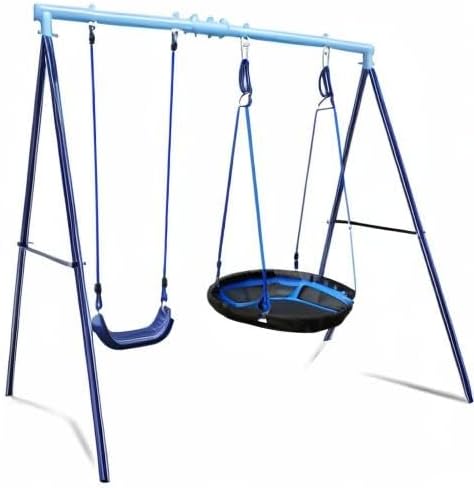 2 Seat Swing Set for Backyard - Metal A-Frame Holds 440 lbs, 1 Adjustable Saucer Swing and 1 u-Shape Swing - Suitable for Kids 3-8 Years-BubblyBeeBaby