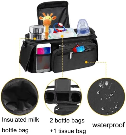 Universal Stroller Organizer with Insulated Cup Holder, Detachable Phone Bag, Shoulder Strap – Fits All Stroller Types, Keeps Drinks Hot/Cold (Black)-BubblyBeeBaby