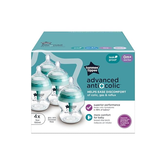 Tommee Tippee Advanced Anti-Colic 5 oz BPA Free Baby Bottles, Newborn 0+ Months, Slow Flow Breast-Like Nipple, Unique Design Keeps Air Away from Milk and Baby, Clear, Pack of 4-BubblyBeeBaby