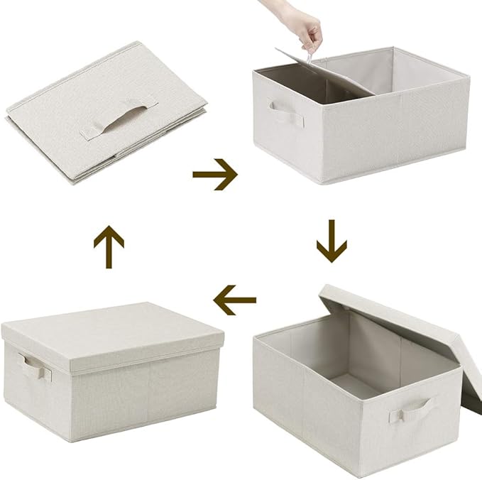 HOONEX Foldable Storage Bins with Lids, 2 Pack, Storage Boxes with Carrying Handles and Sturdy Heavy Cardboard, 16.5" L x 11.8" W x 7.5" H for Shoes, Books, Clothes, Linens, Beige-BubblyBeeBaby