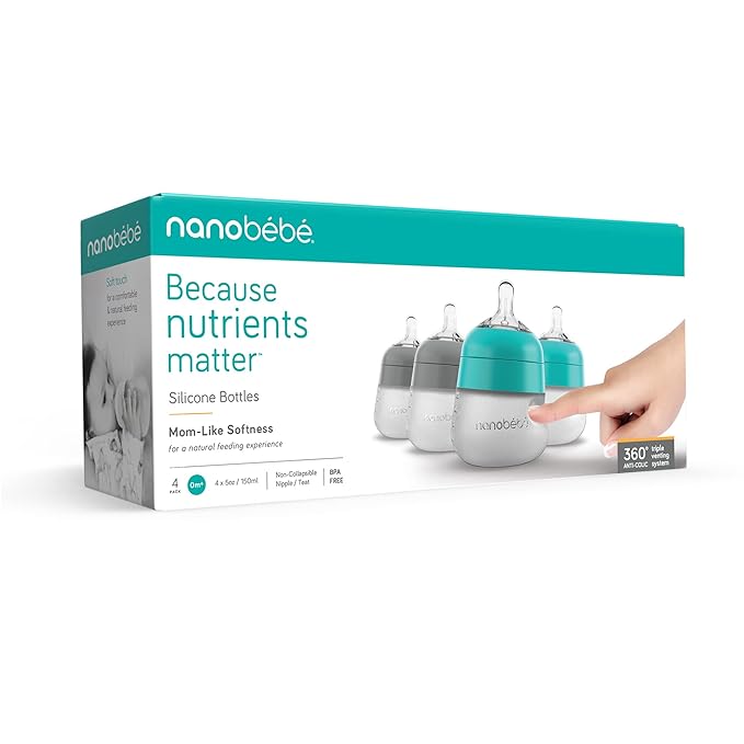 Nanobebe Flexy Silicone Baby Bottle, Anti-Colic, Natural Feel, Non-Collapsing Nipple, Non-Tip Stable Base, Easy to Clean 4-Pack, Grey/Teal, 5 oz-BubblyBeeBaby