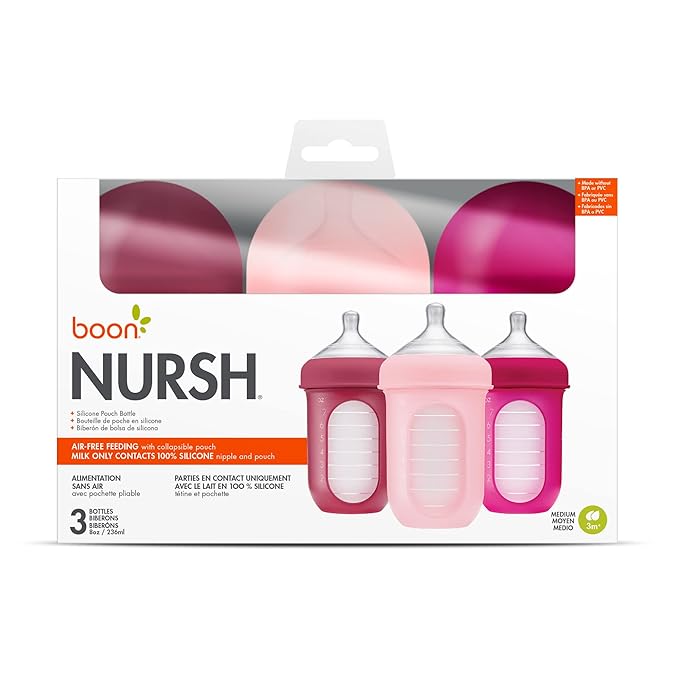 Boon Nursh Reusable Silicone Pouch Baby Bottles - Medium Flow Nipple - Silicone Baby Bottle Pouch and Nipple - Baby Feeding Essentials - Pink - 3-6 Months - 3 Count - 8 Ounce-BubblyBeeBaby