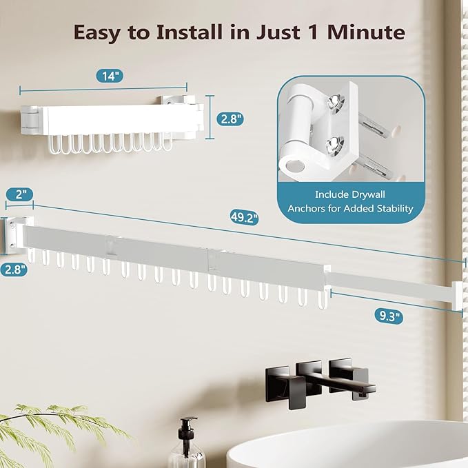 JAUREE Clothes Drying Rack Wall Mounted, Laundry Drying Rack Collapsible, Space Saving Wall Drying Rack Clothing Foldable, Tri-Fold Retractable Rack Outdoor Indoor with 18 Hooks, White-BubblyBeeBaby