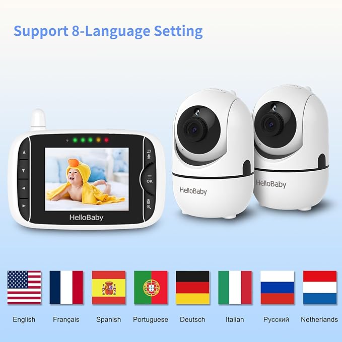 HelloBaby Video Baby Monitor with 2 Cameras and Audio. Baby Monitor with Remote Pan/Tilt/Zoom, VOX Mode, Night Vision, 2-Way Talk, 8 Lullabies-BubblyBeeBaby