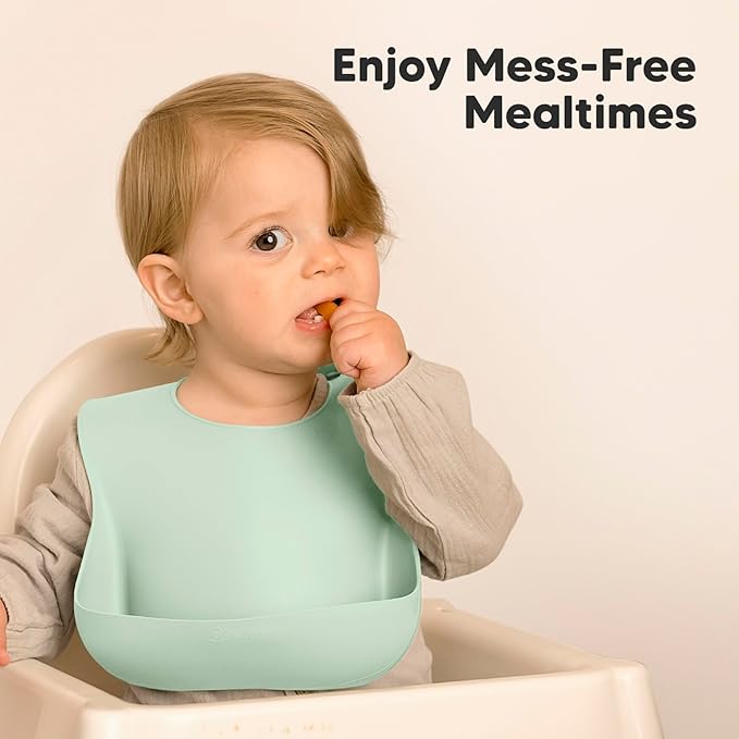 KeaBabies 2-Pack Silicone Baby Bibs for Eating - Sturdy Food-Grade Silicone Bibs for Babies Girl, Boy, Large Food Catcher, Clean & Put On Easily, Waterproof Toddler Feeding Essentials(Pastel Sky)-BubblyBeeBaby