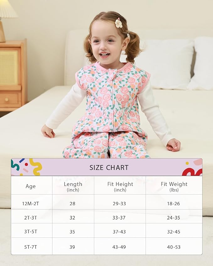 HOMEAL 1.0Tog Sleep Sack with Feet, Toddler Sleep Sacks 3T-5T, Pink Rose-BubblyBeeBaby
