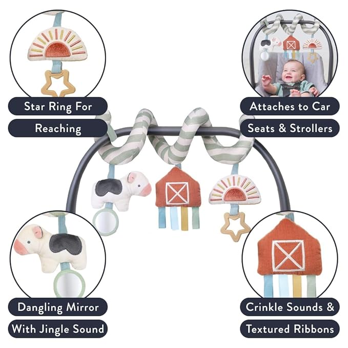 Itzy Ritzy Spiral Car Seat & Stroller Activity Toy - Stroller & Car Seat Toys for Ages 0 Months and Up - Hanging Toys Include Dangling Ring, Mirror and Textured Ribbons (Farm)-BubblyBeeBaby