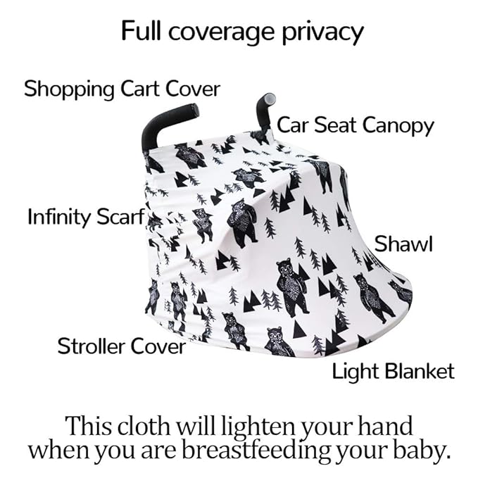 Stretchy Baby Car Seat Cover for Baby Boys and Girls,Multiuse - Nursing Breastfeeding Covers,Shopping Cart/High Chair/Stroller Covers,Infinity Scarf,Car Seat Canopies(Ink Bear)-BubblyBeeBaby