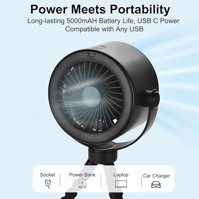 5000mAh Portable Stroller Fan with LCD Display, 5-Speed, Rechargeable Battery Operated, 360° Rotation, Tripod Clip, 17-Hour Battery Life for Carseat, Strollers, Cribs, Wheelchairs, Bedrooms & Travel-BubblyBeeBaby
