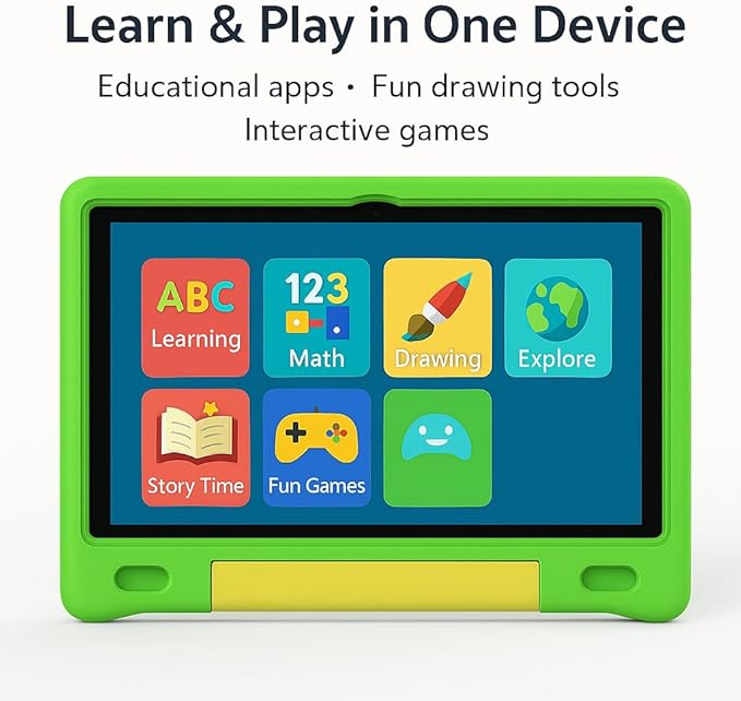 10.1 Inch Kids Tablet with Shockproof Case | Android 14, 64GB+8GB RAM, 12H Battery | Parental Control, Google Kids Space & Preloaded Educational Apps | WiFi 6, HD Display, Ages 3-12-BubblyBeeBaby