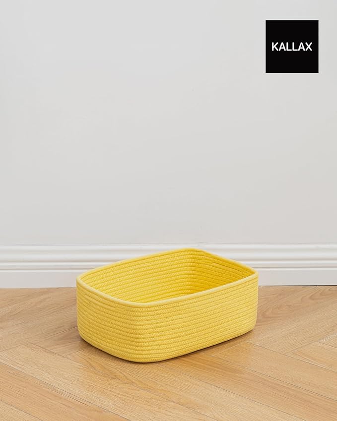 KALLAX Small Woven Basket, 13.5 x 9.5 x 5 Inches, Storage Basket for Organizing, Cute Small Rope Shelf Closet Cube Storage Bins Baskets for Shelves, Dog Toy Gift Baskets Empty, 3 Pack Yellow-BubblyBeeBaby