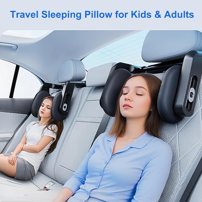 Car Headrest Pillow with Hook, Adjustable Car Seat Neck Support with Memory Foam & Ice Silk, 360° Rotating Travel Sleeping Headrest for Kids & Adults (1 Eye Mask Included)-BubblyBeeBaby