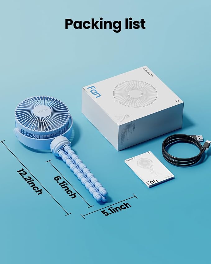 Gaiatop Mini Portable Stroller Fan, Battery Operated Small Clip on, Detachable 3 Speed Rechargeable, 360° Rotate Flexible Tripod Better Cooling for Car Seat Crib Treadmill Travel Blue-BubblyBeeBaby