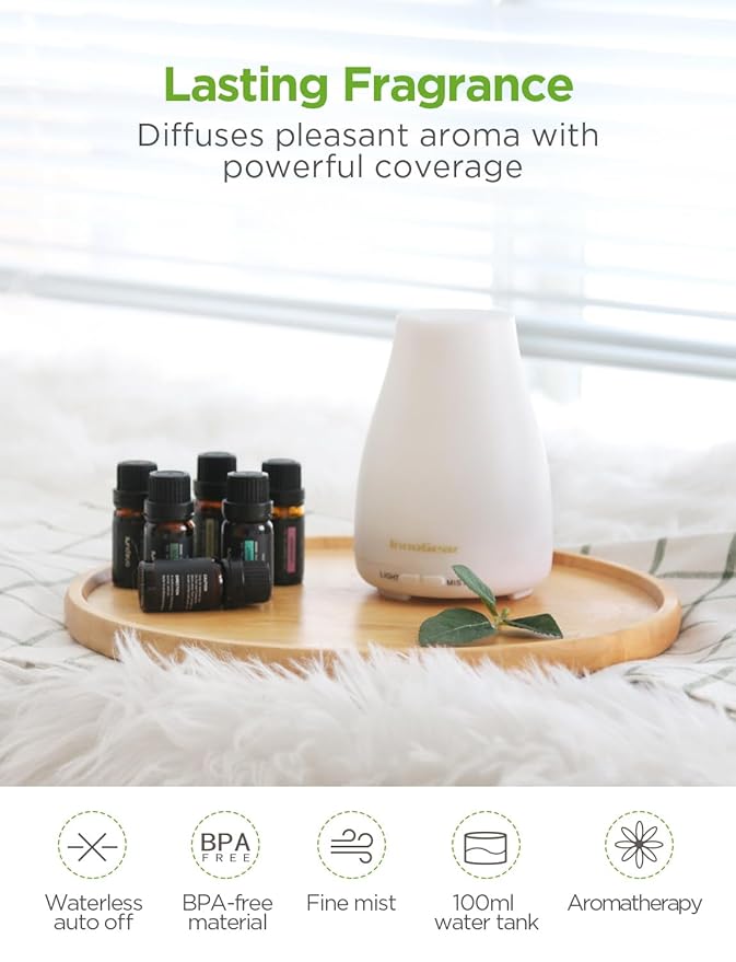 InnoGear Essential Oil Diffuser with Oils, 100ml Aromatherapy Diffuser with 6 Essential Oils Set, Aroma Cool Mist Humidifier Gift Set, White-BubblyBeeBaby