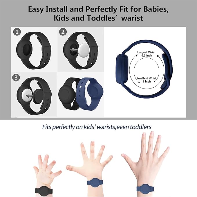 2 Pack Waterproof Airtag Wristband Kids - Anti-Lost Silicone Airtag Holder Cases for Toddler - GPS Tracker Watch Band (Black+Blue)-BubblyBeeBaby