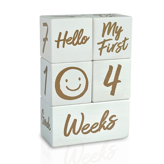 I'm Solid Wood Weekly Monthly Yearly Baby Milestone Age Blocks, Gender Neutral, Newborn Gifts & Keepsakes for Picture Props (5 Pcs/White)-BubblyBeeBaby