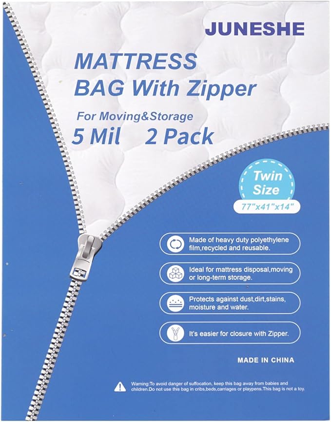 2 Pack Twin Mattress Bags for Moving and Storage-5 Mil Zipper Plastic Waterproof Mattress Storage Bags-BubblyBeeBaby