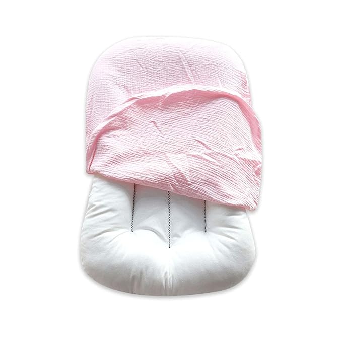 Hooyax Muslin Baby Lounger Cover Soft Organic Cotton Slipcover Fits Newborn Lounger for Baby Boys and Girls (Pink)-BubblyBeeBaby