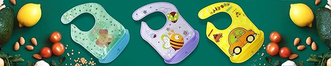 Amplim Baby Feeding Bib (3-Pack) Toddler/Baby Bibs for Eating. Waterproof, Adjustable, Lightweight. Eco-friendly PEVA material. BPA, Lead, Phthalate, Cadmium free-BubblyBeeBaby