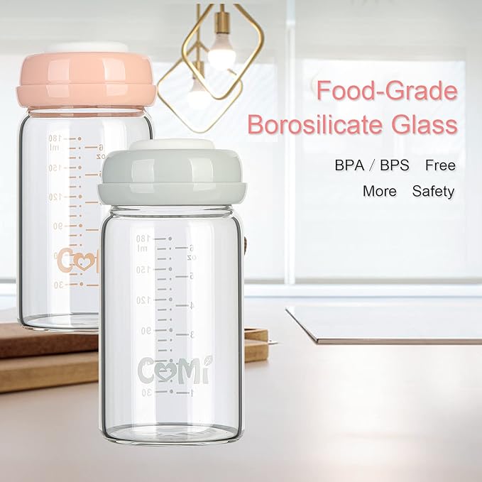 COMI Wide Neck Glass Breastmilk Collection n Storage Bottle, 6oz with Screw Ring Sealing Disk; Re-markable Sealing Disc. BPA Free, Fits Breast Pumps & Nipples (2 Pack Pink Lids)-BubblyBeeBaby