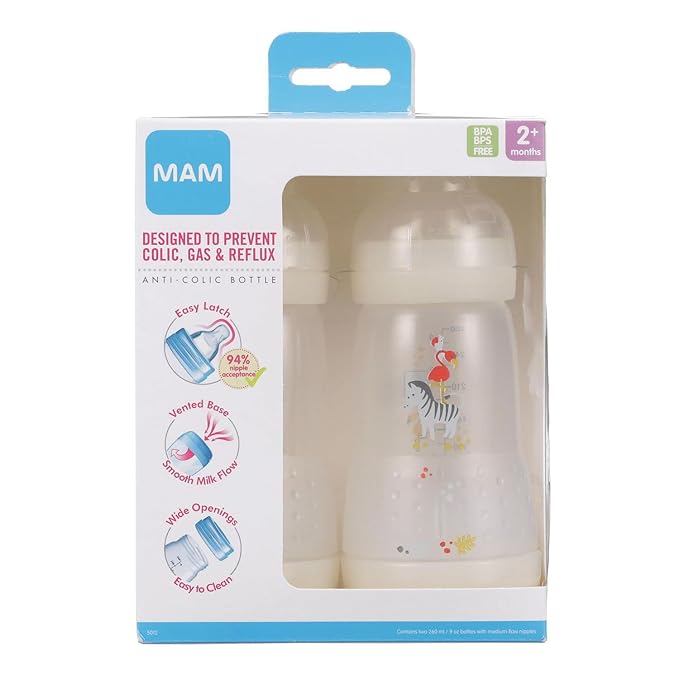 MAM Easy Start Anti-Colic Baby Bottle 9 oz, Medium Flow, Breastfeeding-Like Silicone Nipple Bottle, Reduces Colic, Gas, & Reflux, Easy-to-Clean, BPA-Free, Vented Baby Bottles for Newborns, 2+ Months-BubblyBeeBaby