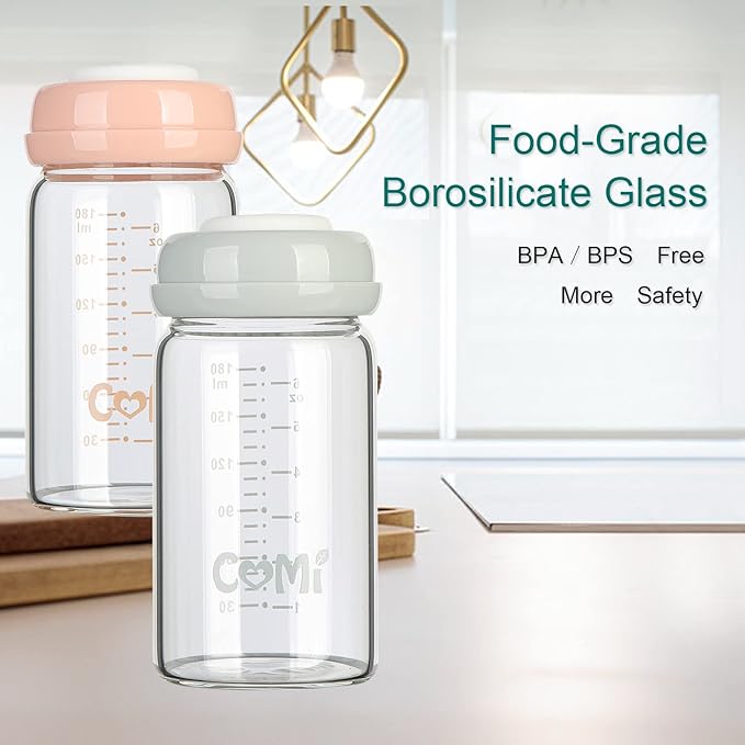 COMI Wide Neck Glass Breastmilk Collection n Storage Bottle, 6oz with Screw Ring Sealing Disk; Re-markable Sealing Disc. BPA Free, Fits Breast Pumps & Nipples (2 Pack Gray Lids)-BubblyBeeBaby