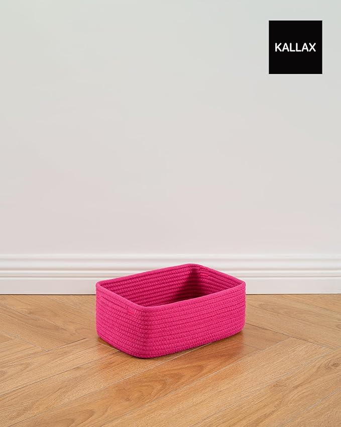 KALLAX Small Woven Basket, 12 x 8 x 4.5 Inches, Storage Basket for Organizing, Cute Small Rope Shelf Closet Cube Storage Bins Baskets for Shelves, Dog Toy Gift Baskets Empty, 3 Packs, Hot Pink-BubblyBeeBaby