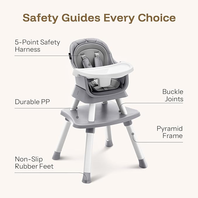 HARPPA 6 in 1 Baby High Chair, Convertible Infant Feeding Chair for Babies & Toddlers Table, Dining Booster Seat with Removable Tray, Grey-BubblyBeeBaby