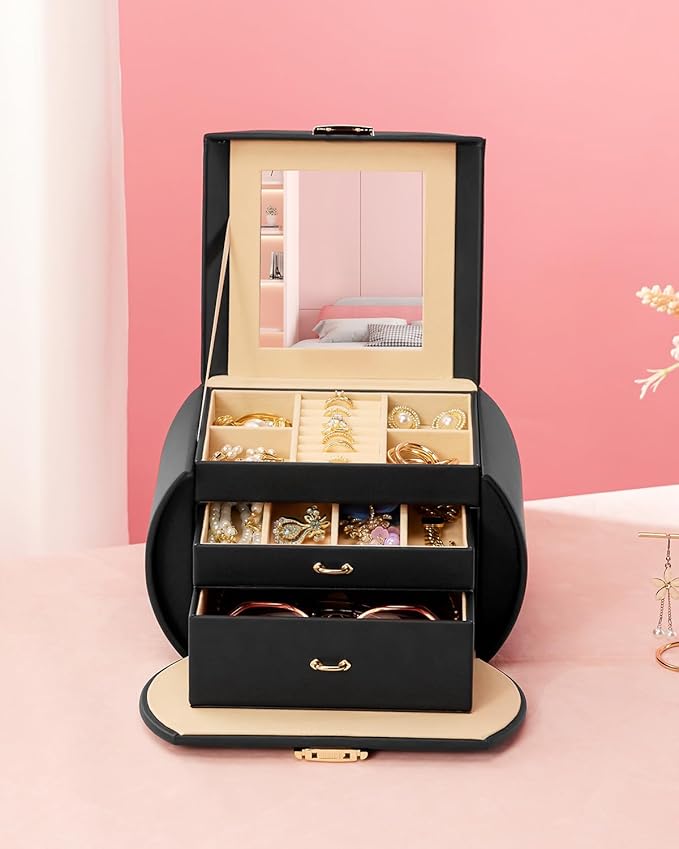 Homde Girls Jewelry Box Jewelry Storage Case Organizer with Mirror for Rings, Earrings, Bracelets, Necklaces (Black + Gold)-BubblyBeeBaby