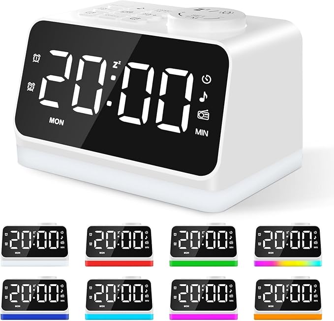 JALL Digital Alarm Clock with FM Radio for Bedroom, 8 Colors Night Light with 2 Charging Port, Sleep Sound Machines with Timer, Dual Alarm, Loud Alarm and Easy to Use for Seniors and Kids as Gift-BubblyBeeBaby