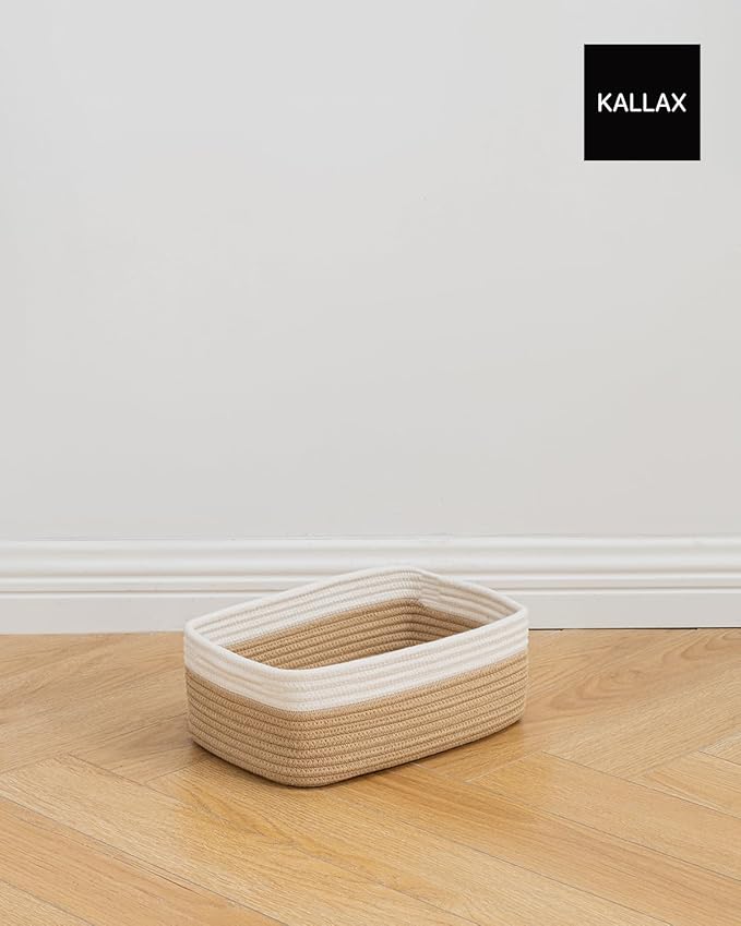 KALLAX Small Woven Basket, 12 x 8 x 4.5 Inches, Storage Basket for Organizing, Cute Small Rope Shelf Closet Cube Storage Bins Baskets for Shelves, Dog Toy Gift Baskets Empty, 3 Pack White & Brown-BubblyBeeBaby