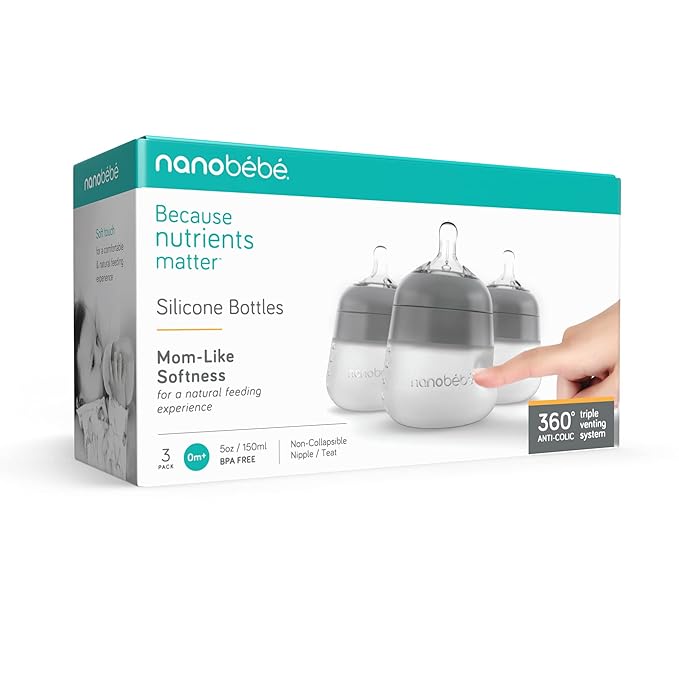 Nanobebe Flexy Silicone Baby Bottle, Anti-Colic, Natural Feel, Non-Collapsing Nipple, Non-Tip Stable Base, Easy to Clean 3-Pack, Gray, 5 oz-BubblyBeeBaby