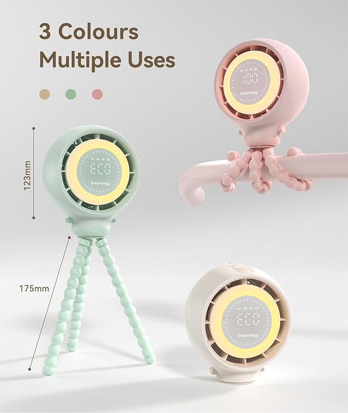 Dreamegg Portable Stroller Fan - 4000mAh Rechargeable Baby Stroller Fan With LED Display, Night Light, Hidden Blade, Detachable 4 Speed 360ยฐRotate, Handheld Cooling for Crib,Travel, Car Seat(Green)-BubblyBeeBaby