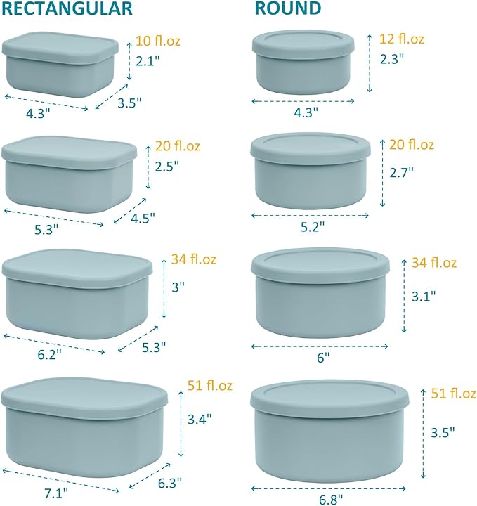 100% Silicone Food Storage Containers with Lids, 8 Pack, 10oz to 51oz, Reusable Leakproof Nesting & Stackable Silicone Bento Lunch Box, Microwave Freezer Dishwasher Oven Safe, BPA Free, Slate Green-BubblyBeeBaby