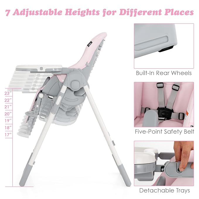 INFANS High Chair for Babies & Toddlers, Foldable Highchair with Multiple Adjustable Backrest, Footrest and Seat Height, Removable Tray, Detachable PU Leather Cushion, Built-in Rear Wheels (Pink)-BubblyBeeBaby