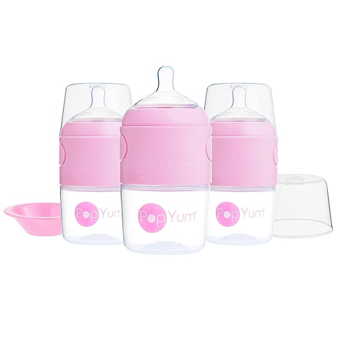 PopYum 5 oz Pink Anti-Colic Formula Making/Mixing/Dispenser Baby Bottles, 3-Pack with #1 Slow Flow Nipples, 150 ml, BPA-Free, Natural Latch-BubblyBeeBaby