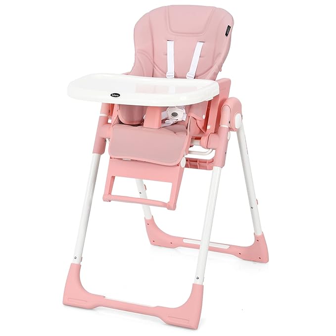INFANS 4 in 1 High Chair–Booster Seat, Convertible Highchair w/Adjustable Height and Recline,Removable Tray,DetachableCushion, Installation-Free,Simple Fold for Baby, Infant& Toddler (Pink)-BubblyBeeBaby