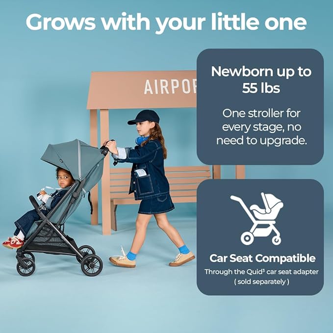 Inglesina Quid³ Stroller, Galaxy Gray - Compact Reclining Travel Stroller for Baby & Toddler 0-55 lbs, One Hand fold, Car seat Compatible, Airplane Overhead, Lightweight, Foldable, XL UPF 50+ Canopy-BubblyBeeBaby