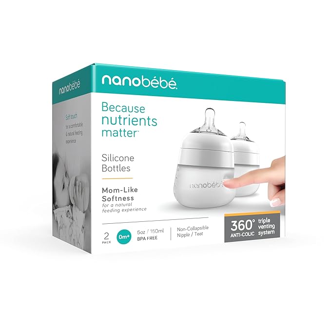 Nanobebe Flexy Silicone Baby Bottle, Anti-Colic, Natural Feel, Non-Collapsing Nipple, Non-Tip Stable Base, Easy to Clean 2-Pack, White, 5 oz-BubblyBeeBaby