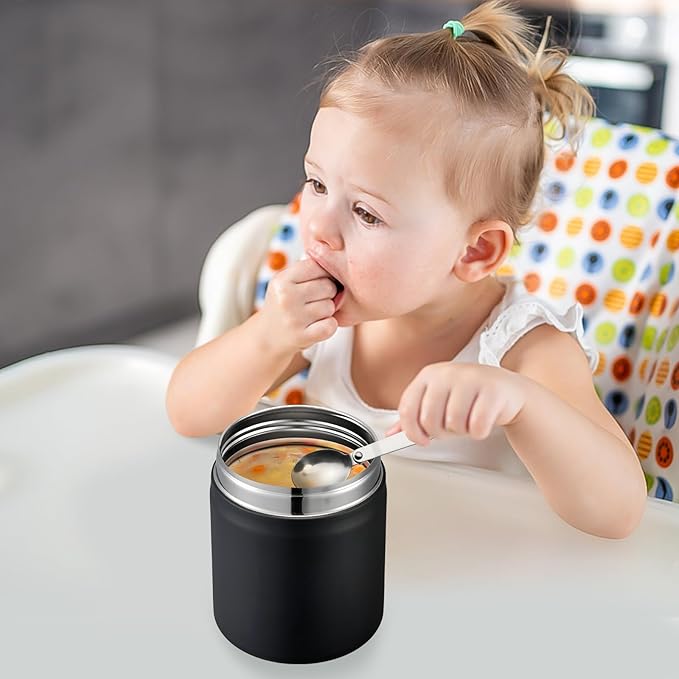 17oz Soup Thermo for Hot Food Kids Insulated Vacuum Food Jar with Stainless Steel Spoon Wide Mouth Thermo Leakproof Lunch Food Container Kids Hot Lunch Box (Black)-BubblyBeeBaby