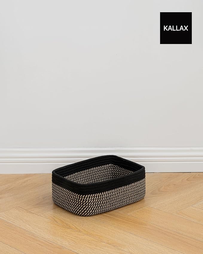 KALLAX Small Woven Basket, 12 x 8 x 4.5 Inches, Storage Basket for Organizing, Cute Small Rope Shelf Closet Cube Storage Bins Baskets for Shelves, Dog Toy Gift Baskets Empty, 3 Pack Black & Brown-BubblyBeeBaby
