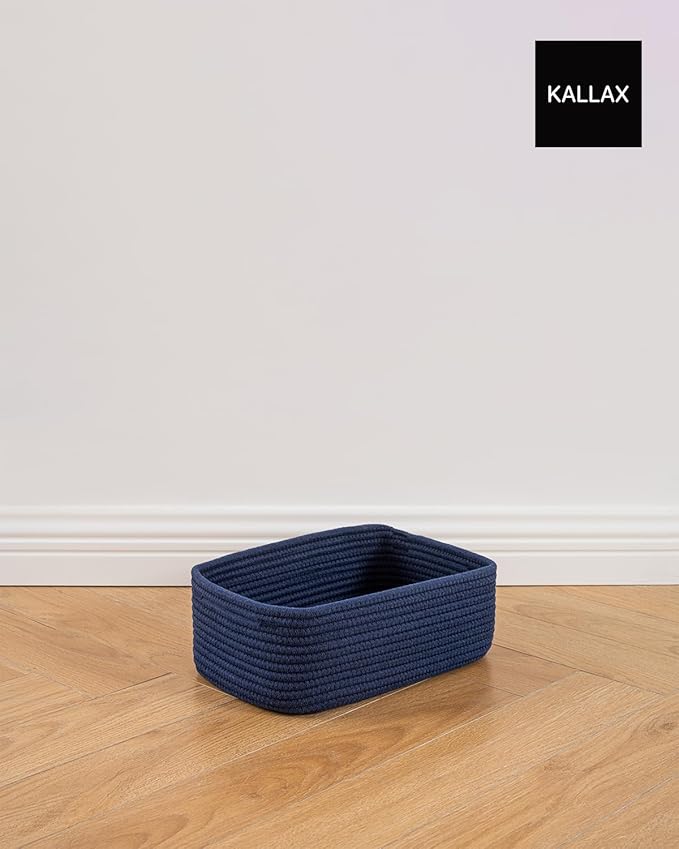 KALLAX Small Woven Basket, 12 x 8 x 4.5 Inches, Storage Basket for Organizing, Cute Small Rope Shelf Closet Cube Storage Bins Baskets for Shelves, Dog Toy Gift Baskets Empty, 3 Packs, Navy Blue-BubblyBeeBaby