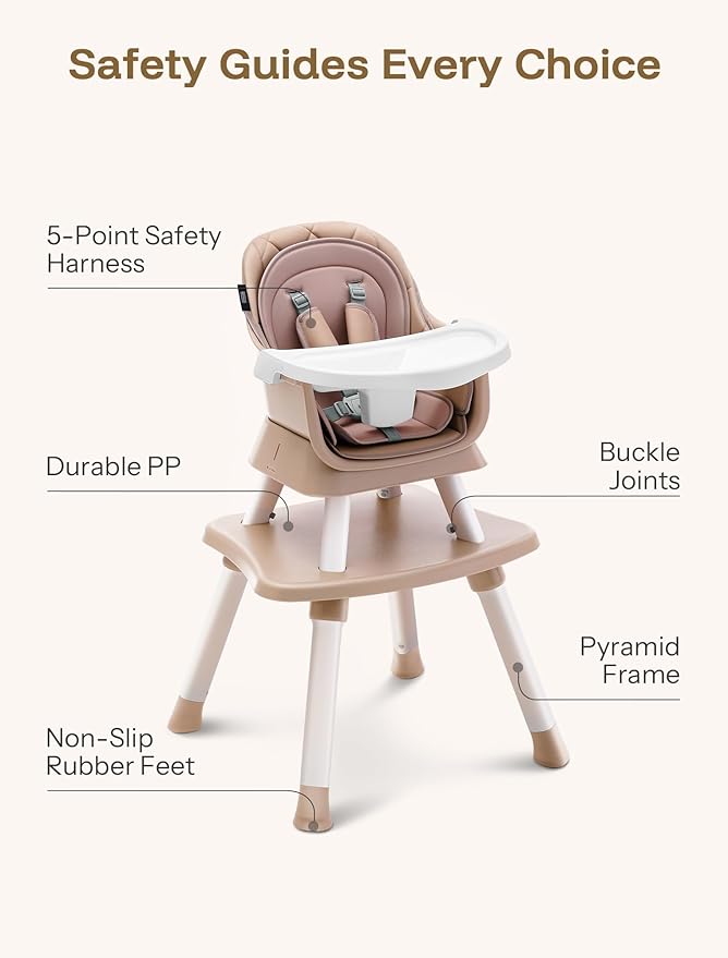 HARPPA 6 in 1 Baby High Chair, Convertible Infant Feeding Chair for Babies & Toddlers Table, Dining Booster Seat with Removable Tray, Khaki-BubblyBeeBaby