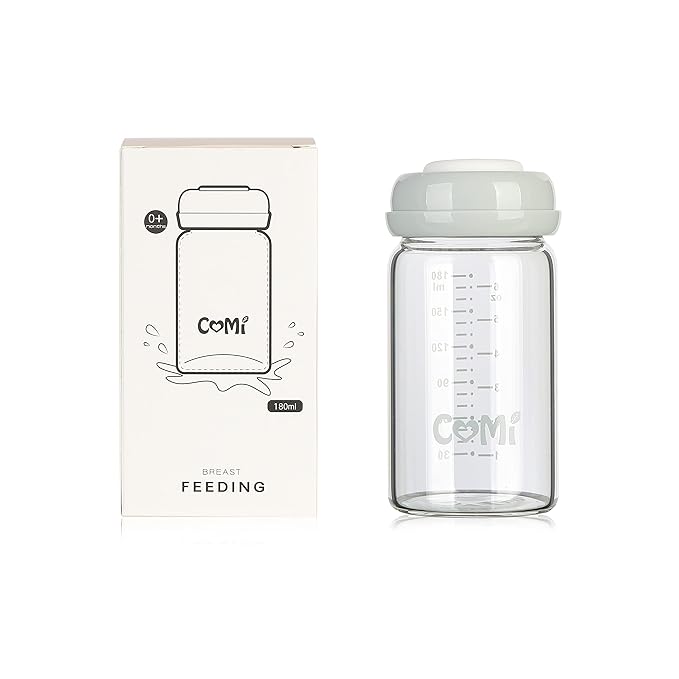 COMI Wide Neck Glass Breastmilk Collection n Storage Bottle, 6oz with Screw Ring Sealing Disk; Re-markable Sealing Disc. BPA Free, Fits Breast Pumps & Nipples (Gray Lids)-BubblyBeeBaby