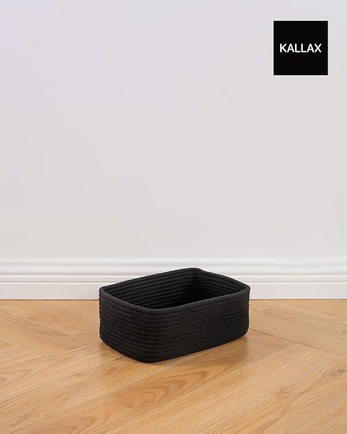 KALLAX Small Woven Basket, 12 x 8 x 4.5 Inches, Storage Basket for Organizing, Cute Small Rope Shelf Closet Cube Storage Bins Baskets for Shelves, Dog Toy Gift Baskets Empty, 3 Packs, Black-BubblyBeeBaby