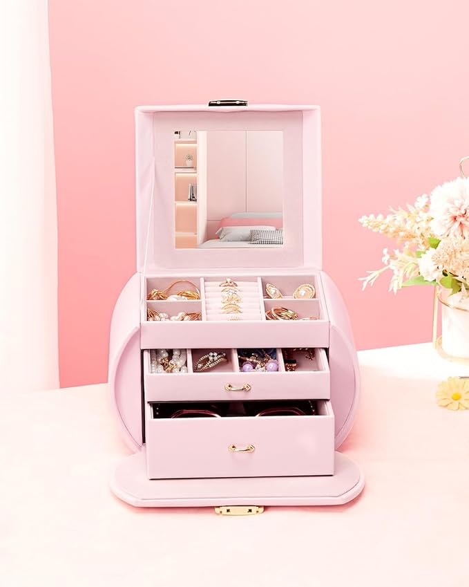 Homde Girls Jewelry Box Jewelry Storage Case Organizer with Mirror for Rings, Earrings, Bracelets, Necklaces (Light Pink + Gold)-BubblyBeeBaby
