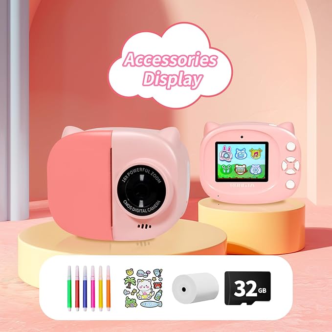 Instant Print Camera Toy for Kids, Girls Birthday Gifts for 3 4 5 6 7 8 Year Old Learning Music Story Player, 1080P HD Dual-Lens Creative Instant Camera (Pink)-BubblyBeeBaby