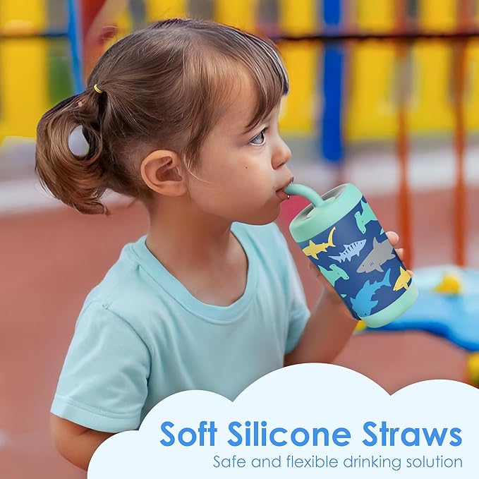Kid Insulated Stainless Steel Tumbler with Silicone Straw, 12oz Sippy Cup for Kids (Sharks)-BubblyBeeBaby