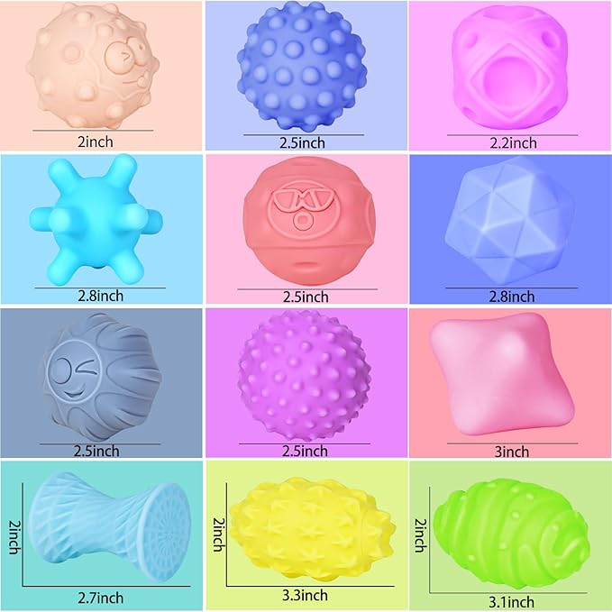 12 Pcs Sensory Balls for Toddlers, Sensory Baby Toys, Montessori Toy for Babies Squeeze, Infant Toys Soft Multi Ball Set Gifts with Bright Color Textured-BubblyBeeBaby