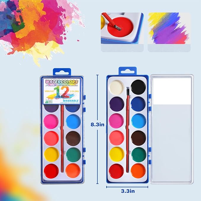 12 Packs Watercolor Paint Set Bulk, 12 Vibrant Colors Washable Watercolors with Brushes for Kids, Art Activities Painting Supplies for School Classroom Home-BubblyBeeBaby